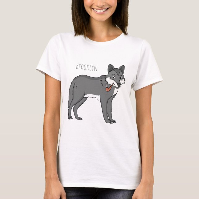 T-shirt Illustration de dessin animé d'un loup gris avec u (Devant)