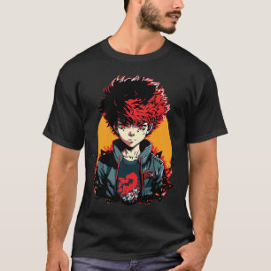 T-shirt Illustration de garçon anime : cheveux rouges et n