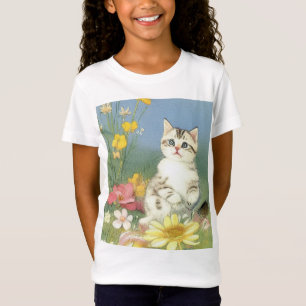 T-Shirt Illustration de Kitten vintage avec Fleurs Jaunes