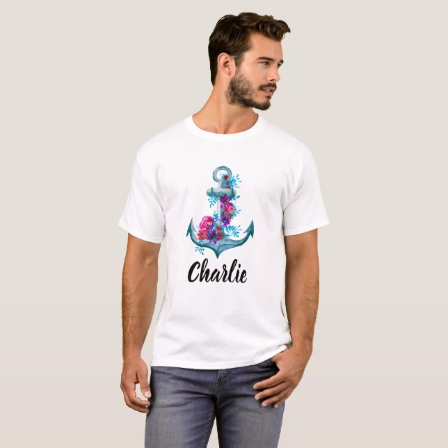 T-shirt Illustration de l'Ancre d'aquarelle florale marine (Devant entier)