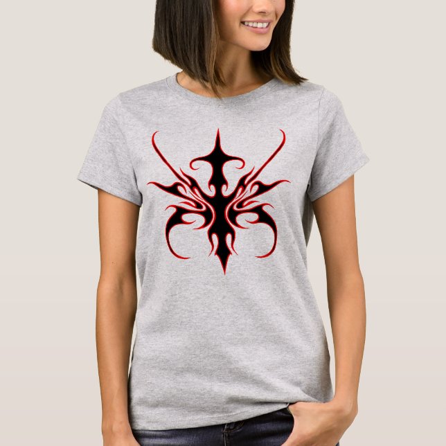 T-shirt Illustration de ligne d'art tribal rouge et noir f (Devant)