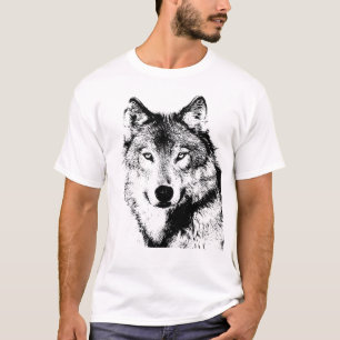 T-shirt Illustration de loup noir et blanc