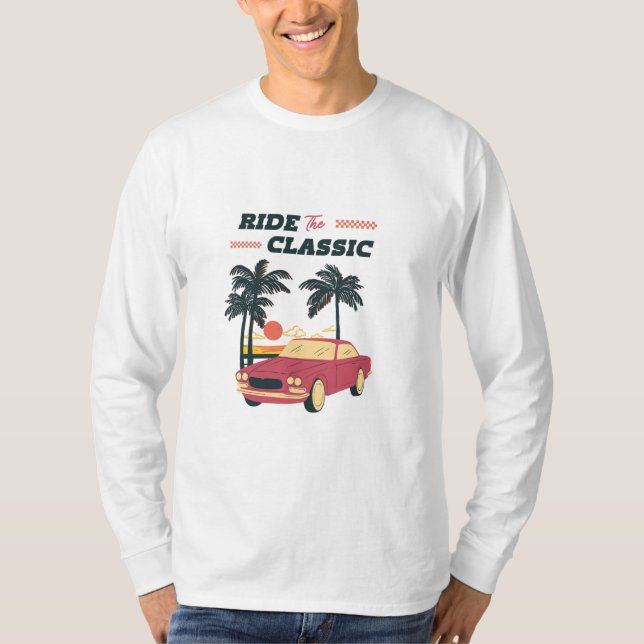 T-shirt Illustration de plage voiture classique rétro (Devant)