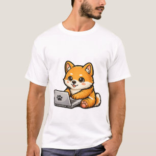 T-shirt Illustration de Shiba Inu mignon avec ordinateur p