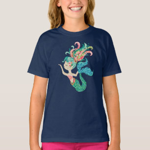 T-shirt Illustration de sirène de fleurs colorées de bord