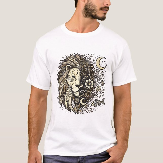 T-shirt Illustration de tête de lion complexe avec floral  (Devant)