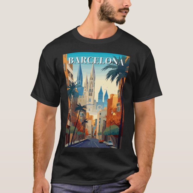 T-shirt Illustration de voyage rétro Barcelone (Devant)