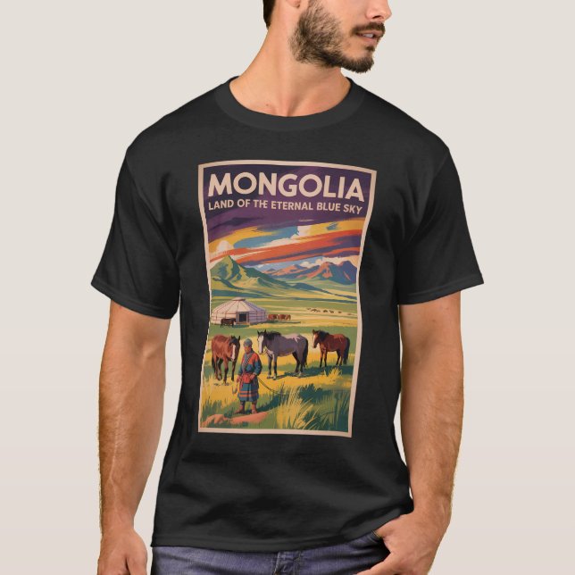 T-shirt Illustration de voyage rétro de yourte de chevaux  (Devant)