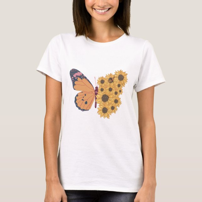 T-shirt Illustration des papillons et des tournesols (Devant)