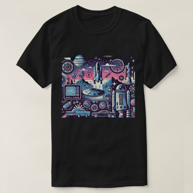 T-shirt Illustration d'espace futuriste rétro avec fusées (Design devant)