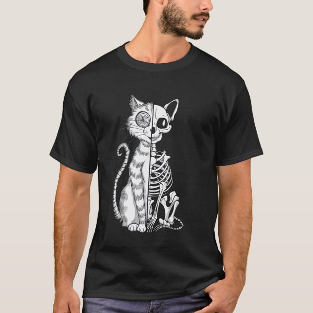 T-shirt Illustration d'Halloween de chat moitié squelette (Devant)
