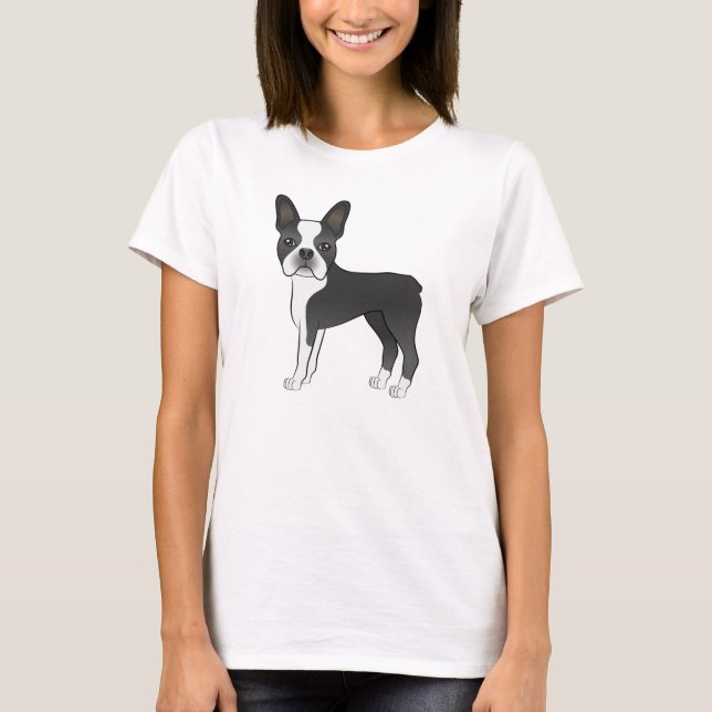 T-shirt Illustration du chien Terrier de Boston noir et bl (Devant)