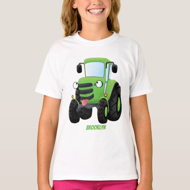 T-shirt Illustration du joli joyeux tracteur agricole vert (Devant)
