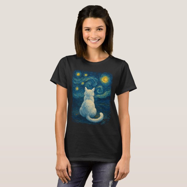 T-shirt Illustration d'un chat blanc sous une nuit étoilée (Devant entier)