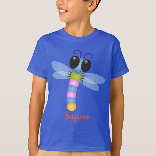 T-shirt Illustration d'une libellule bleu et rose (Devant)