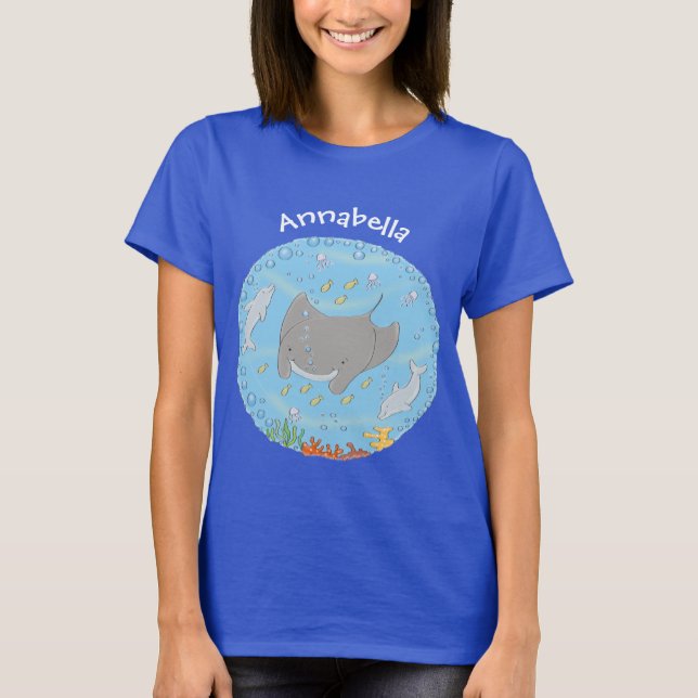 T-shirt Illustration d'une mignonne raie manta et de bulle (Devant)