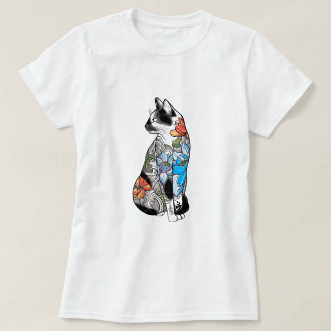 T-shirt Illustration florale de chat de tatouage - Vibrant (Design devant)