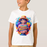 T-shirt Illustration Luffy Anime Birthday Kids Gifts<br><div class="desc">Un cadeau d'anniversaire coloré de style anime,  avec un personnage souriant tenant un signe en forme de coeur avec le texte "Joyeux anniversaire". Entouré de coeurs et de confettis vibrants,  ce design amusant apporte de la joie à toute célébration !</div>