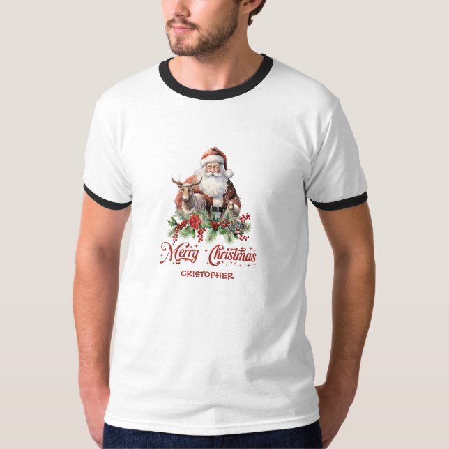 T-shirt Illustration rétro classique Père Noël avec renne (Devant)