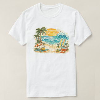 T-shirt Illustration Rétro de Coucher de Soleil sur une Pl