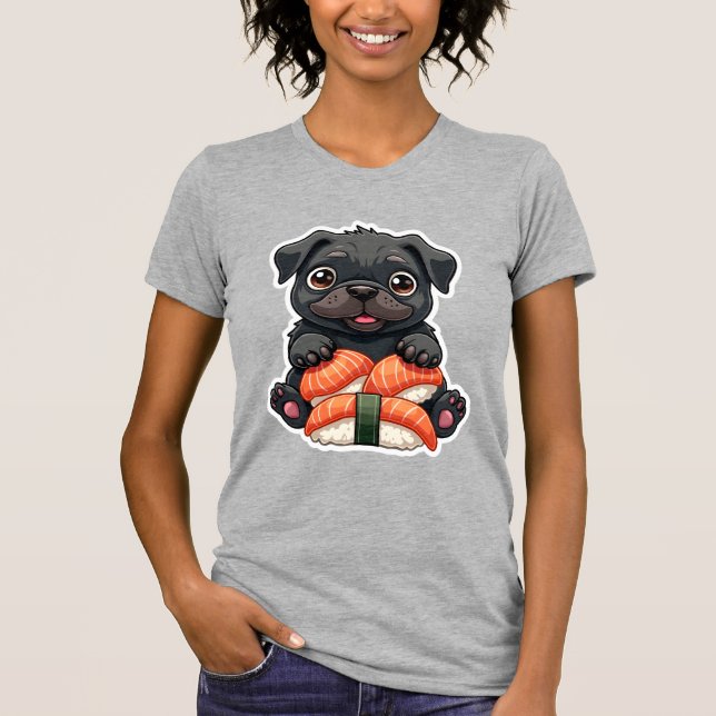 T-shirt Illustration vectorielle de sushi de pug noir mign (Devant)