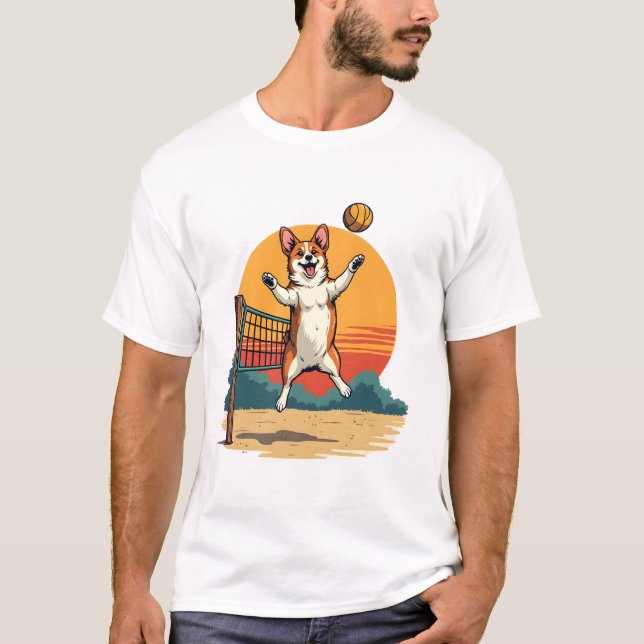 T-shirt Illustration vectorielle de volley-ball Corgi vint (Devant)