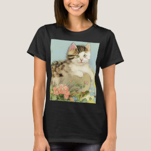 T-shirt Illustration vintage de chat avec fleurs roses