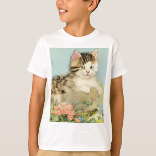T-shirt Illustration vintage de chat avec fleurs roses