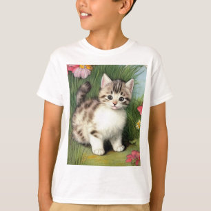 T-shirt Illustration vintage de chat avec Fleurs rouges