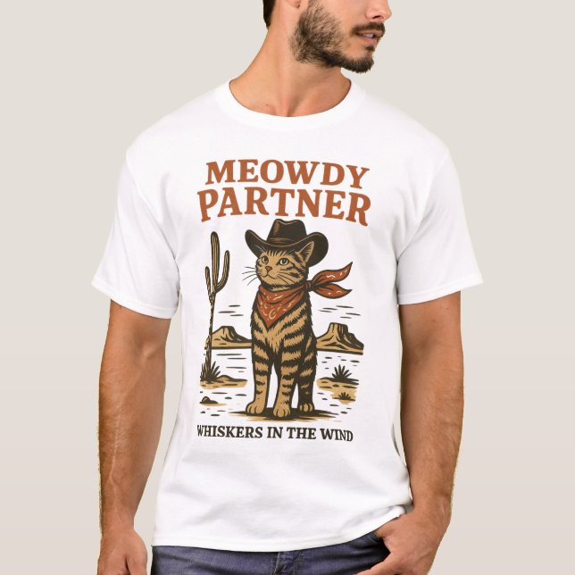 T-shirt Illustration vintage Western Cat - Meowdy Partner (Devant)