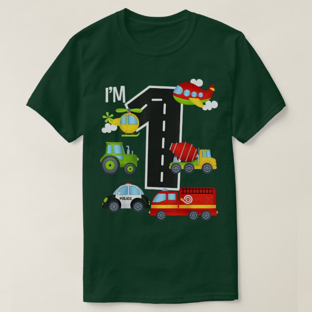 T-shirt I'm 1 Birthday Boy 1st Bday Car Fire Truck Airplan (Design devant)