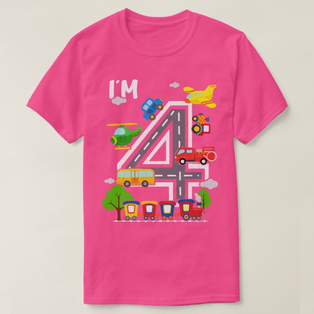 T-shirt I'm 4 Birthday Boy 4th Bday Train Car Fire Truck A (Design devant)
