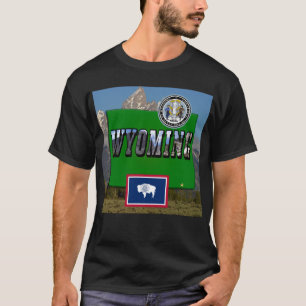T-shirt Image et texte du Wyoming, carte, drapeau et sceau