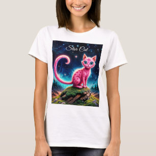 T-shirt Imaginaire chat rose dans la forêt de nuit étoilée