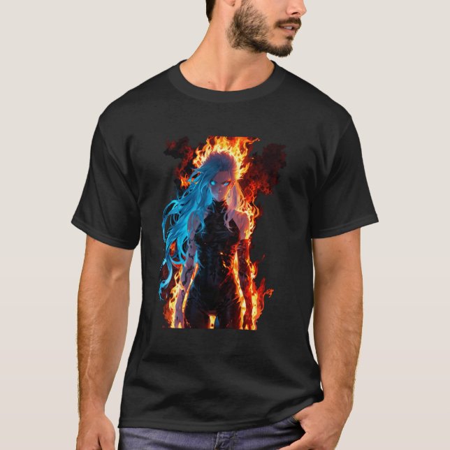 T-shirt Imaginaire de démons de Blue Haired dans les feux  (Devant)