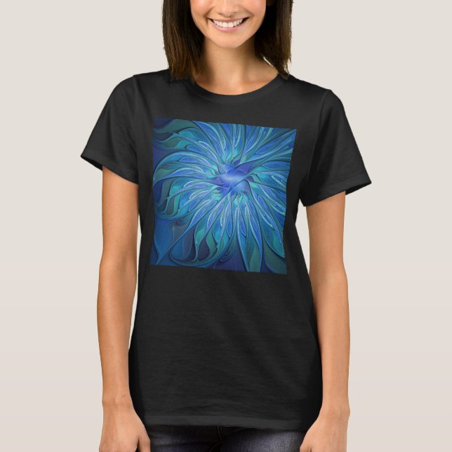 T-shirt Imaginaire Fleur Bleue Motif, Art Fractal Abstrait (Devant)
