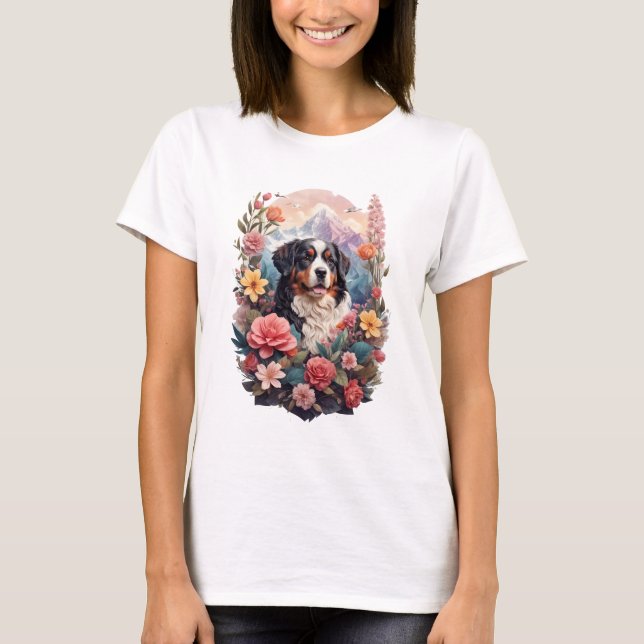 T-shirt imaginaire floral 3D Bernese Mountain Dog Birds Vi (Devant)