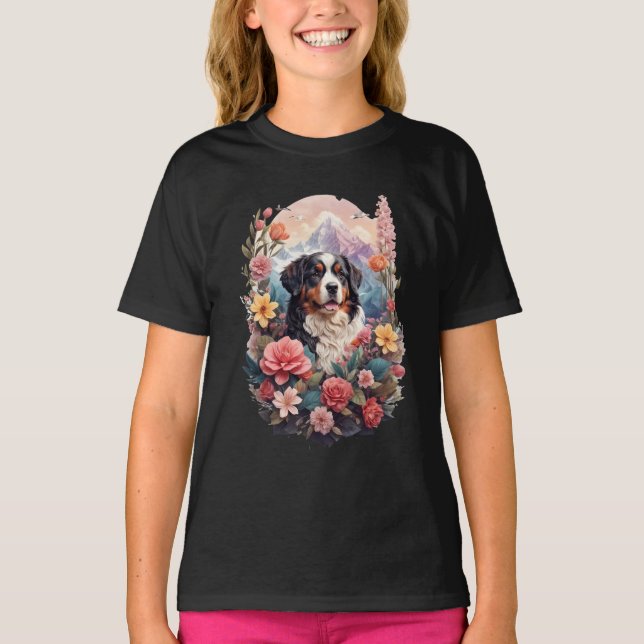 T-shirt imaginaire floral 3D Bernese Mountain Dog Birds Vi (Devant)