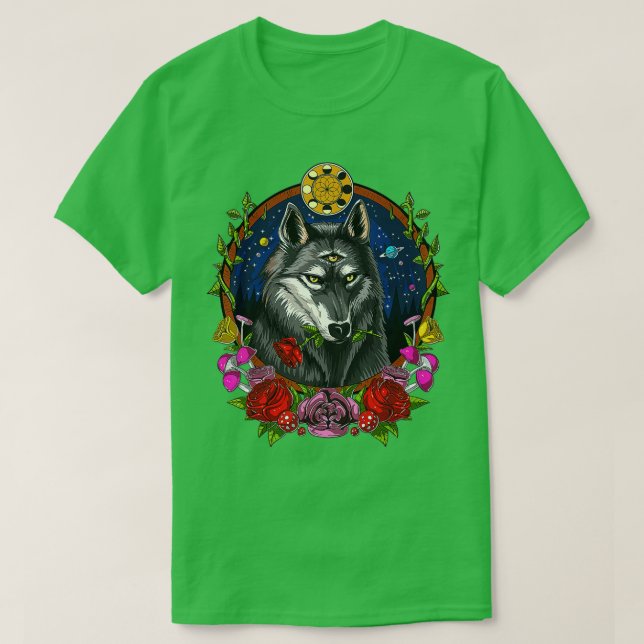 T-shirt Imaginaire psychédélique Wolf Forêt animal Lune Ph (Design devant)