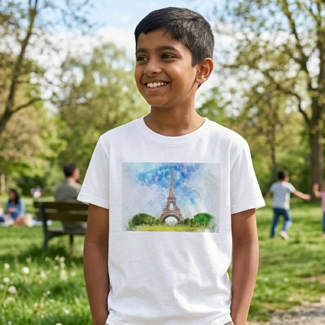 T-shirt Impression aquarelle de la Tour Eiffel sur fond de (Eiffel Tower Watercolor Paris Skyline Art Print. Boy Basic White T-Shirt)