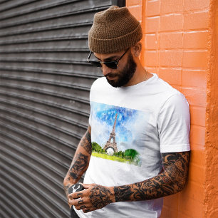 T-shirt Impression aquarelle de la Tour Eiffel sur la silh