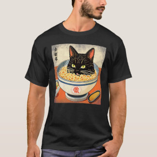 T-shirt Impression arrière Chat noir japonais dans un bol 