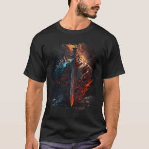 T-shirt Impression au verso Épée enflammée et bouclier le