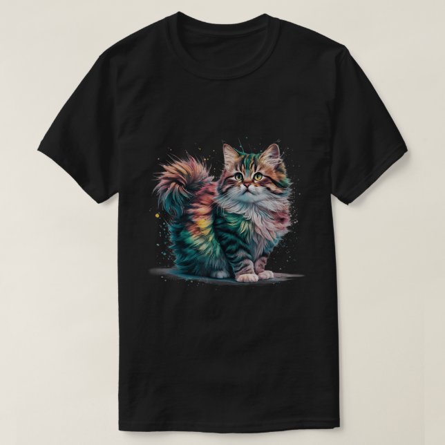 T-shirt Impression d'art aquarelle Chat Arc-en-Ciel Fluffy (Design devant)