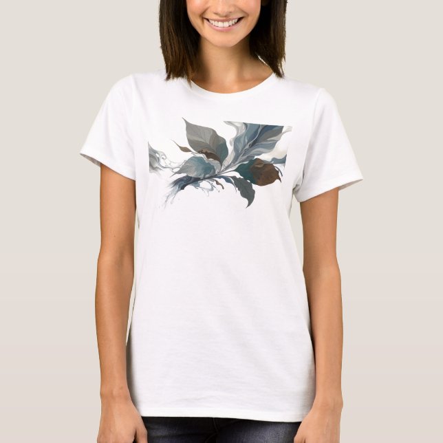 T-shirt Impression d'art aux feuilles abstraites argentées (Devant)