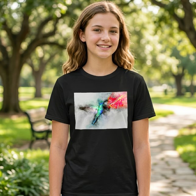 T-shirt Impression d'art floral à l'aquarelle représentant (Vibrant Hummingbird Watercolor Floral Art Print. Girl Basic Black T-Shirt)