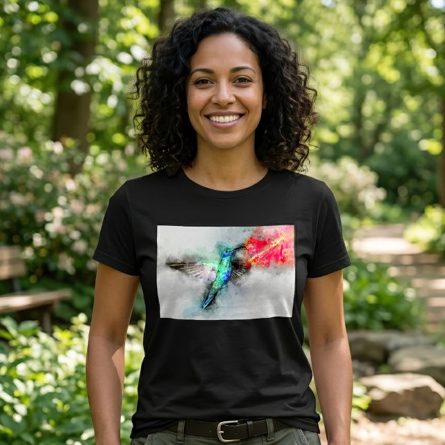 T-shirt Impression d'art floral à l'aquarelle représentant (Vibrant Hummingbird Watercolor Floral Art Print. Women Basic Black T-Shirt)