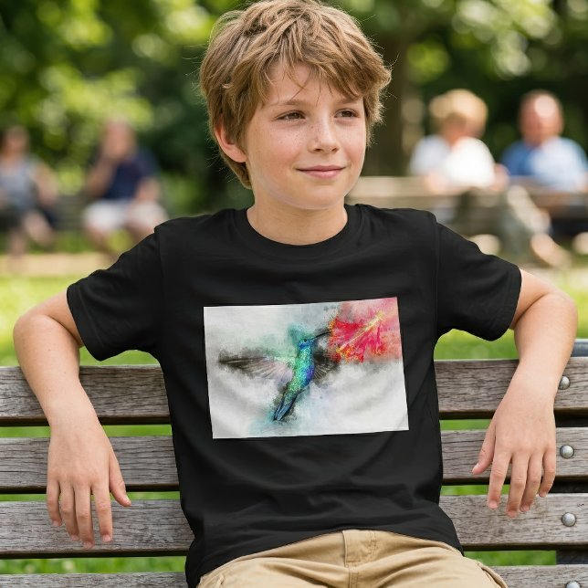 T-shirt Impression d'art floral à l'aquarelle représentant (Vibrant Hummingbird Watercolor Floral Art Print. Boy Basic Black T-Shirt)