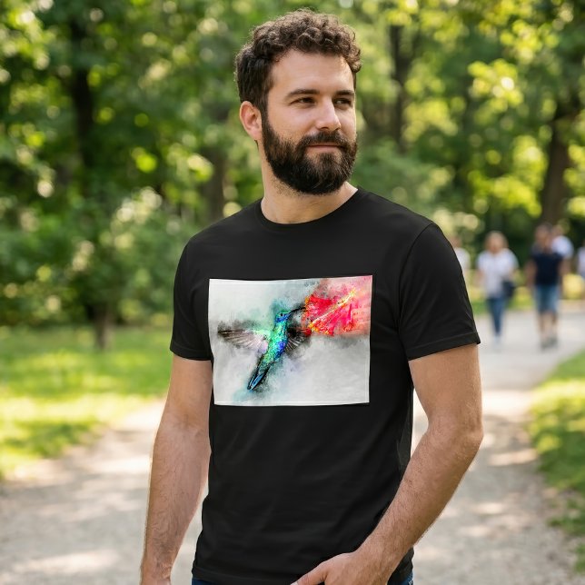 T-shirt Impression d'art floral à l'aquarelle représentant (Vibrant Hummingbird Watercolor Floral Art Print. Men Basic Black T-Shirt)