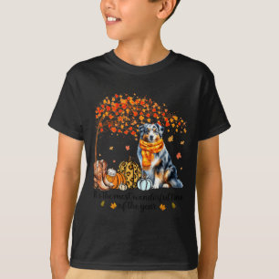 T-shirt Impression d'érable d'automne Chien amoureux Joyeu